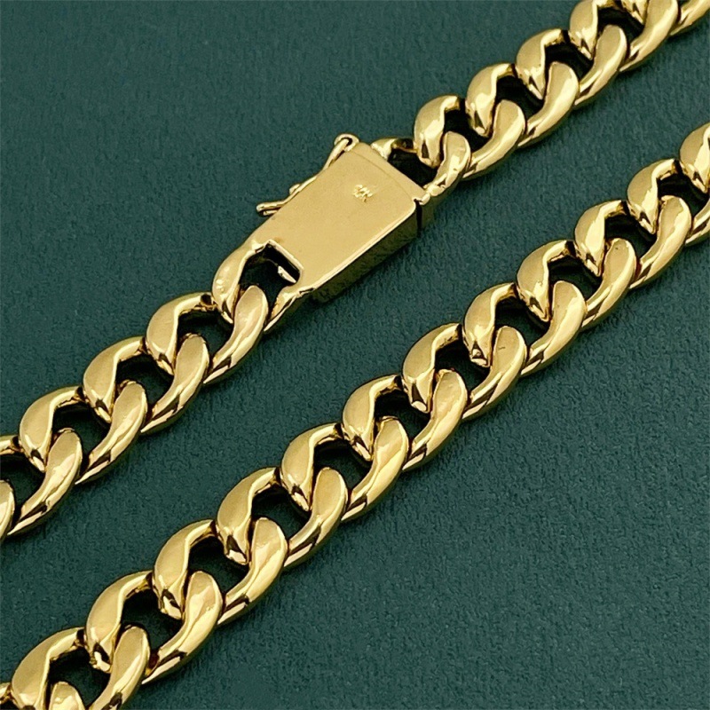 Bijou pour homme très demandé pour le commerce transfrontalier : Collier chaîne cubaine à maillons coupés sur le côté, 10 mm, 75 cm, cuivre plaqué or, sous vide_voghion.com