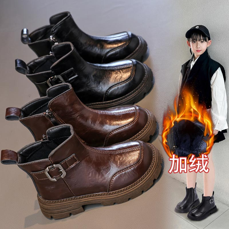 Leather Boots Fleece-Lined to Heattech Kidsren's Cotton Boots 2025 Winter New British Style Small, Medium and Large Kidsren's Short Boots Girls' Boots