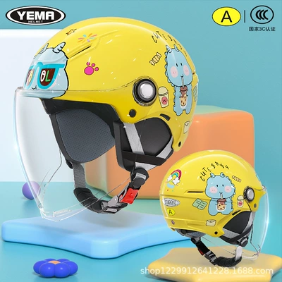 Helmet for Girls, All-Season Model — Motosiklet kaskı (dəbilqə) - four-seasons-lemon-yellow-little-dinosaur-transparent-long-mirror