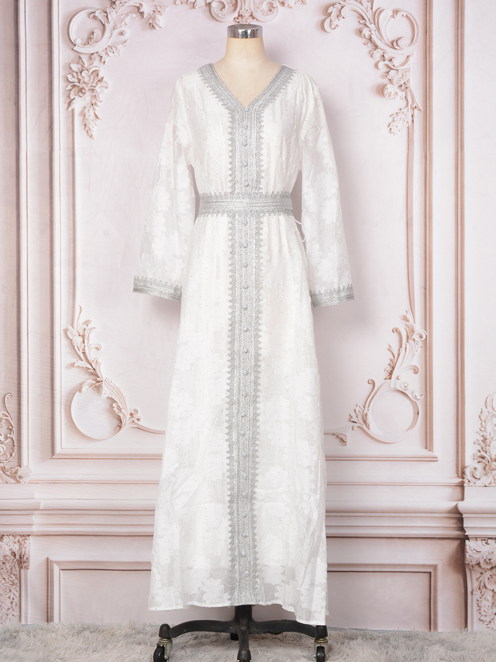 MT046 V-neck Dress, Middle Eastern Cross-border Foreign Trade, Jacquard With Rhinestones, Silver Lace Robe,_ecoleips.com