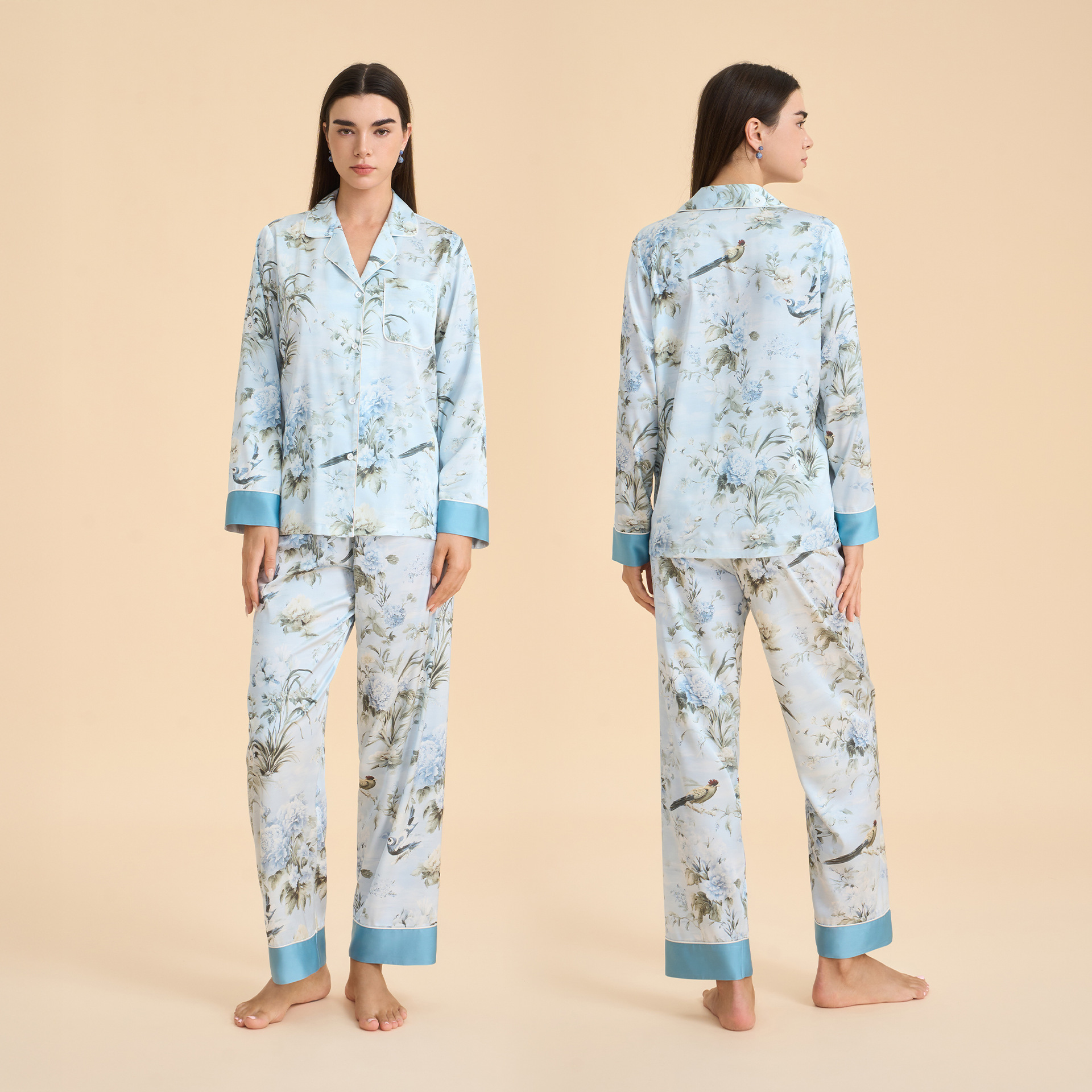 Pijama floral elegante de primavera y otoño para mujeres pantalones de manga larga con solapa delgada ropa casera casual y cómoda TZ4001