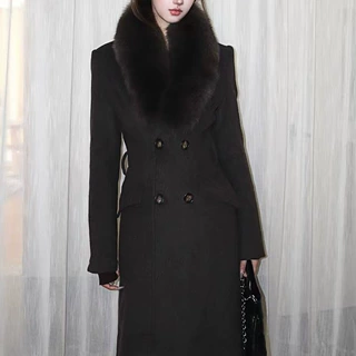优雅韵味羊毛混纺可拆卸真狐狸毛领收腰正肩显瘦气质大衣