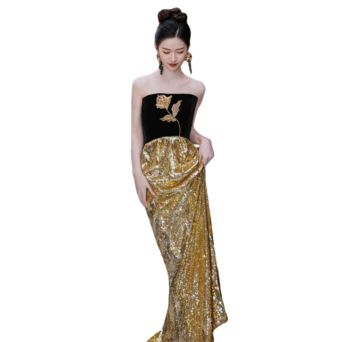 Đầm maxi nữ thắt eo kiểu Pháp, tay ống, phối sequin lấp lánh, dáng dài dự tiệc — Màu như hình