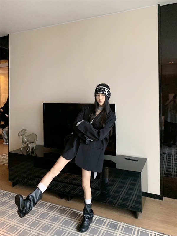 2025新款设计感黑色翻领西装外套女装秋季复古宽松中长款西服上衣|undefined