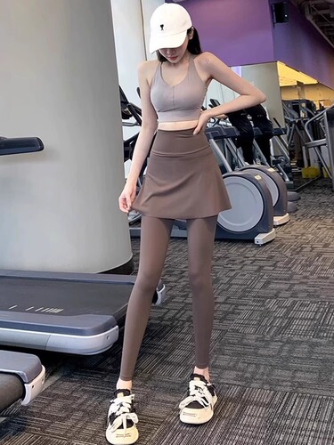 Women's Short Sleeve Shark Suit False Two-Piece Athletic Pants, Tall Waist, Running, Fitness, Yoga, Skirt-Like Bottom Pants for Petite Figures