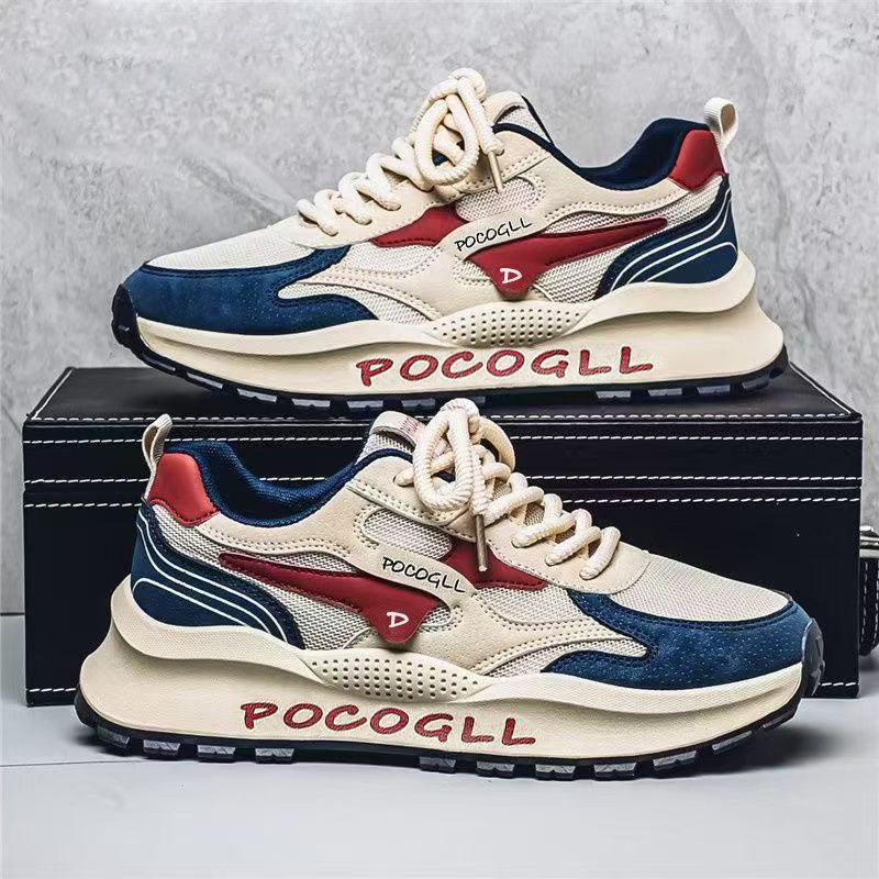 Giày sneaker nam thân lưới thoáng khí chống hôi, đế cao su gót thấp 1–3 cm, dây buộc phía trước — 0766 trắng xanh, 0766 đen xám, 0766m Đỏ
