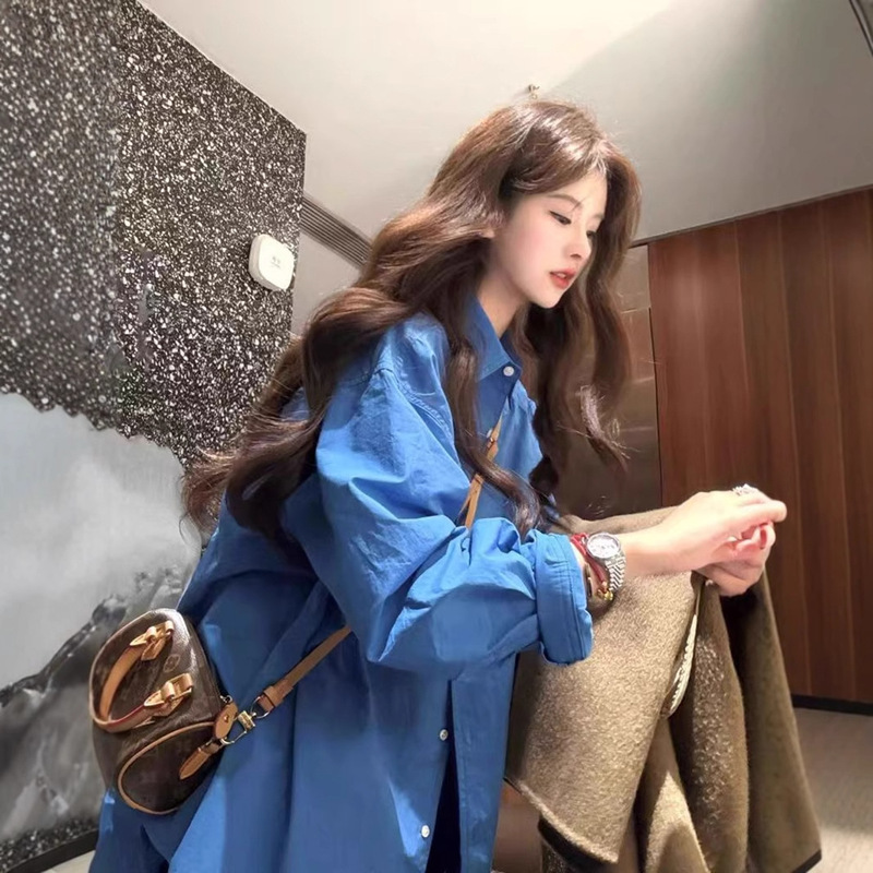 Korean high-end blue shirt jacket women's spring and summer loose long sleeve temperament lazy wind shirt wholesale Korean high-end blue shirt jacket women's spring and summer loose long sleeve temperament lazy wind shirt wholesale