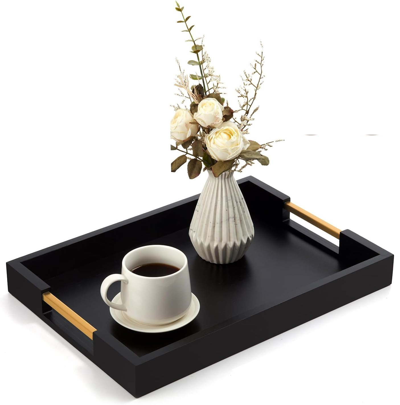 PRESTIGE 防滑黑色和金色上菜托盘带杯垫和夹持器,竹制