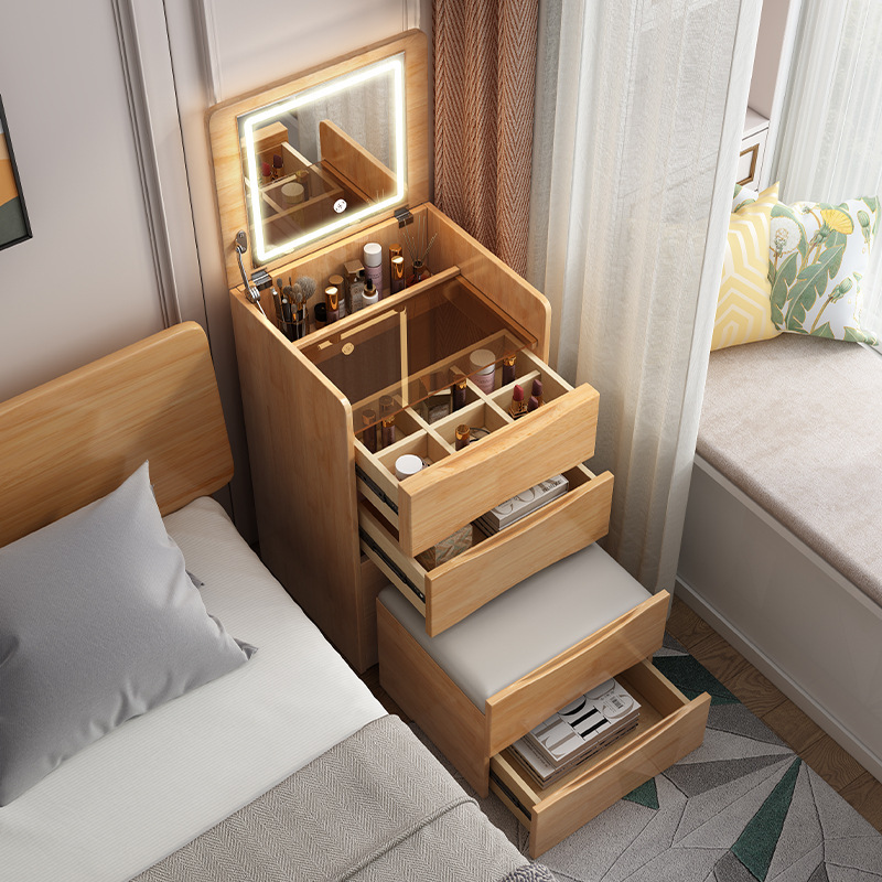 Nórdico de madera maciza tocador pequeño apartamento dormitorio maquillaje Mesa mesita de noche integrado multifuncional mesita de noche pequeño gabinete de maquillaje