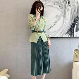 秋冬新款女装套装2025职业气质收腰显西装上衣百褶裙子两件套冬