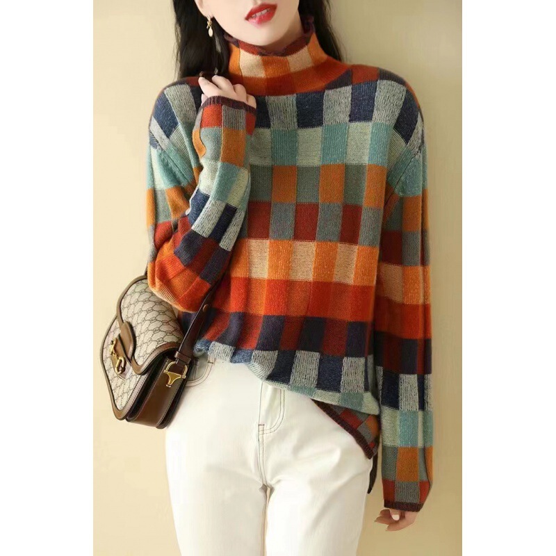 Gorgeous Color Checkerboard Wool Knitwear Autumn and Winter New High Collar Lazy Slim-looking Women's Wearing Plaid Sweater