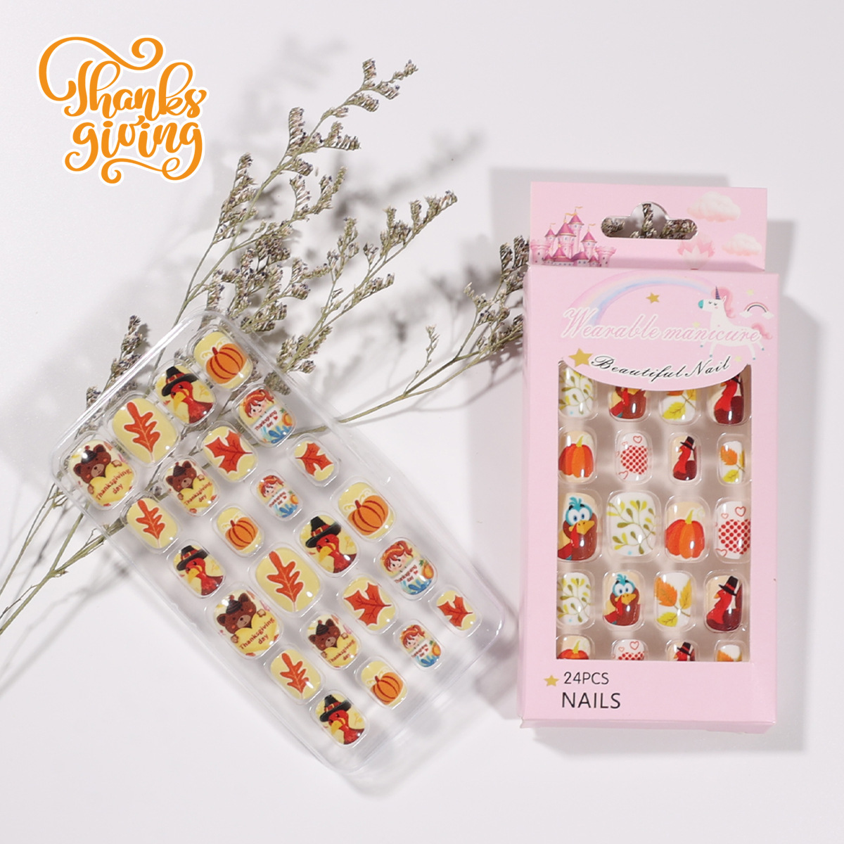 Los niños usan uñas lindo Acción de Gracias hoja de arce Turquía divertido pieza de uñas para niños uñas falsas pieza de uñas terminada