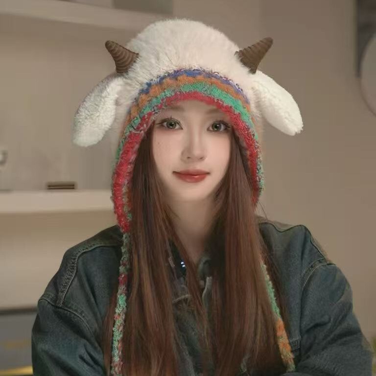 秋冬季毛绒会叫小羊角保暖包头加绒护耳毛线帽女百搭防寒针织帽子|undefined