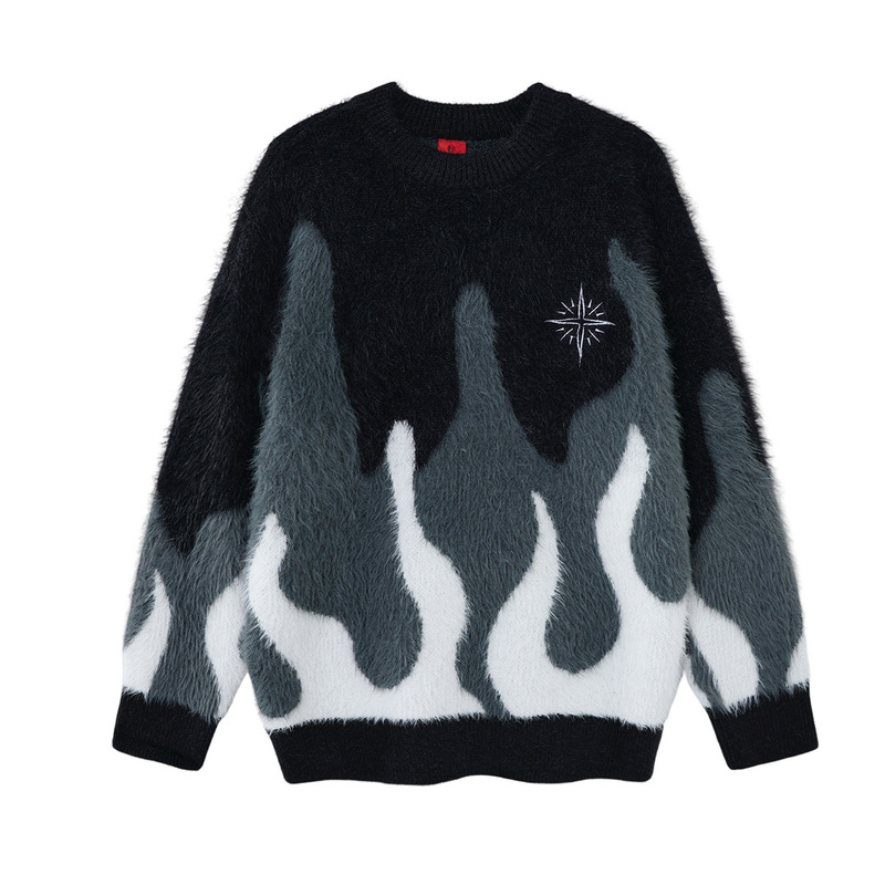 Magic Bear American retro high street flame jacquard design fleece-lined thickened crew neck knit sweater for men and women Magic Bear American retro high street flame jacquard design fleece-lined thickened crew neck knit sweater for men and women