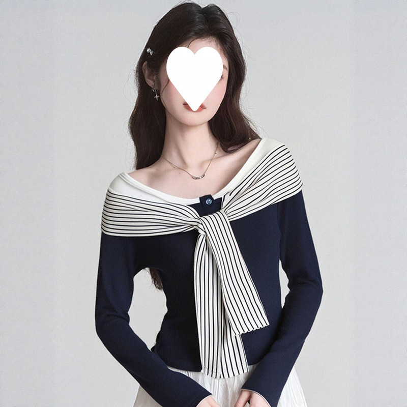 工厂直销批发 藏蓝色披肩打底衫女秋季学院风巨好看轻熟长袖上衣|undefined