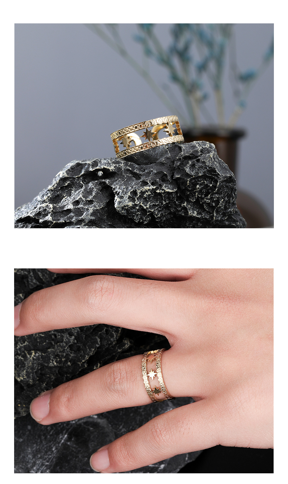Women'S Gender Fashion Style Vacuum Plating Real Gold Plated Star 304 Stainless Steel Fashion Waterproof Non Tarnish Rings