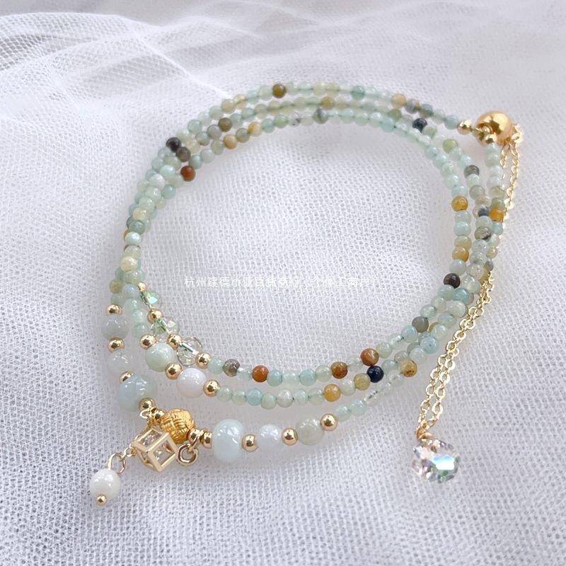 天然翡翠货2极细翡翠手链三圈原创手串抽拉式可调节手饰项链