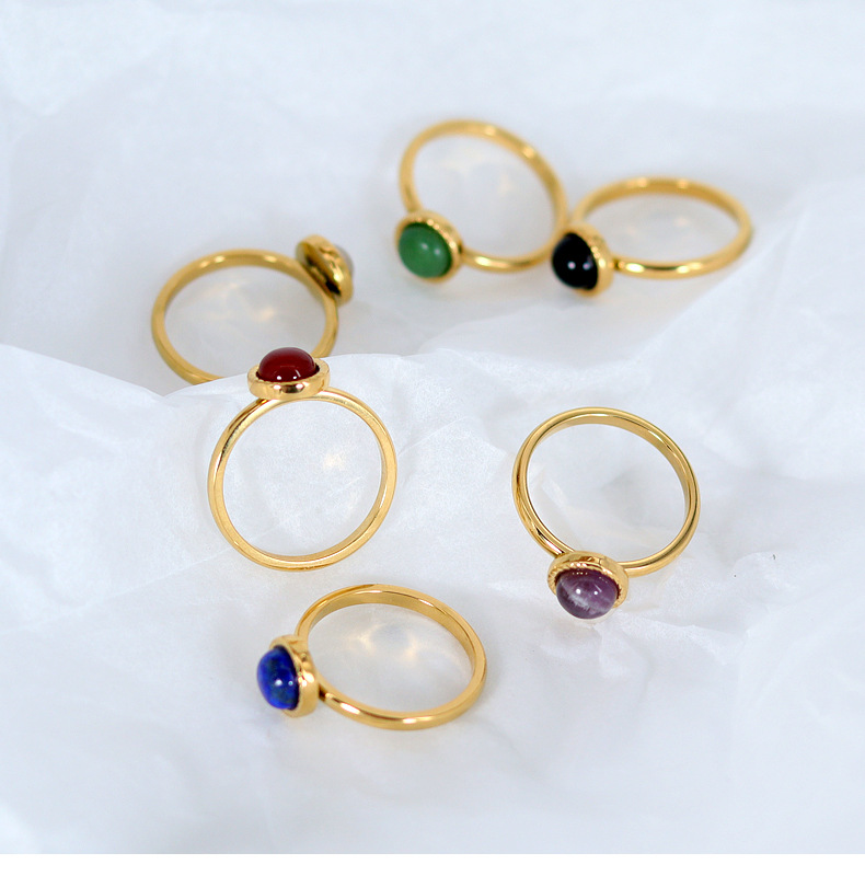 Titanium Steel 18K Gold Plated Casual Sweet Round Inlay Natural Stone Agate Rings display picture 9