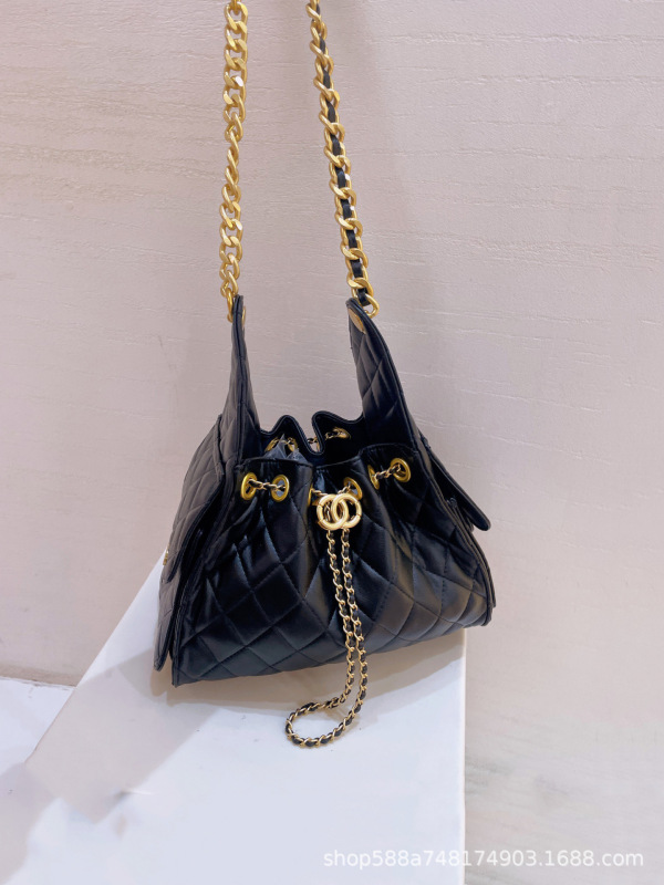 小香风25C中古水桶包女时尚真皮菱格链条流浪包大容量单肩托特包|undefined