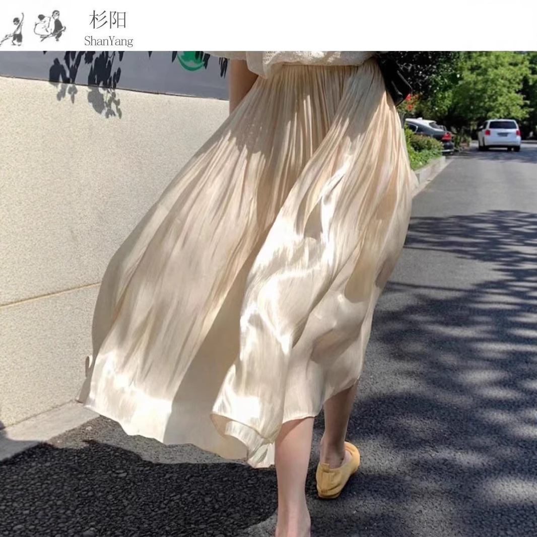 Cupro Silk Skirt 2025 Summer High-Waisted Mid-Length Fairy Elegant Gentle Style Pleated Long Skirt