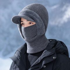 毛绒线针织围脖一体鸭舌帽子冬男士加绒防风寒连体帽户外骑车脖套