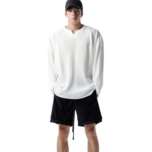 BIZHENG/ High-End V-Neck Puff Sleeve Flowy Crew Neck Silk Long-Sleeve T-Shirt for Men Loose Men's Top Spring and Autumn Clothing