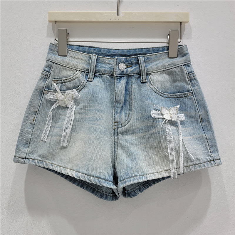 Pantalones Cortos de Mezclilla con Decoración de Moño de Poliéster Cintura Baja image 3