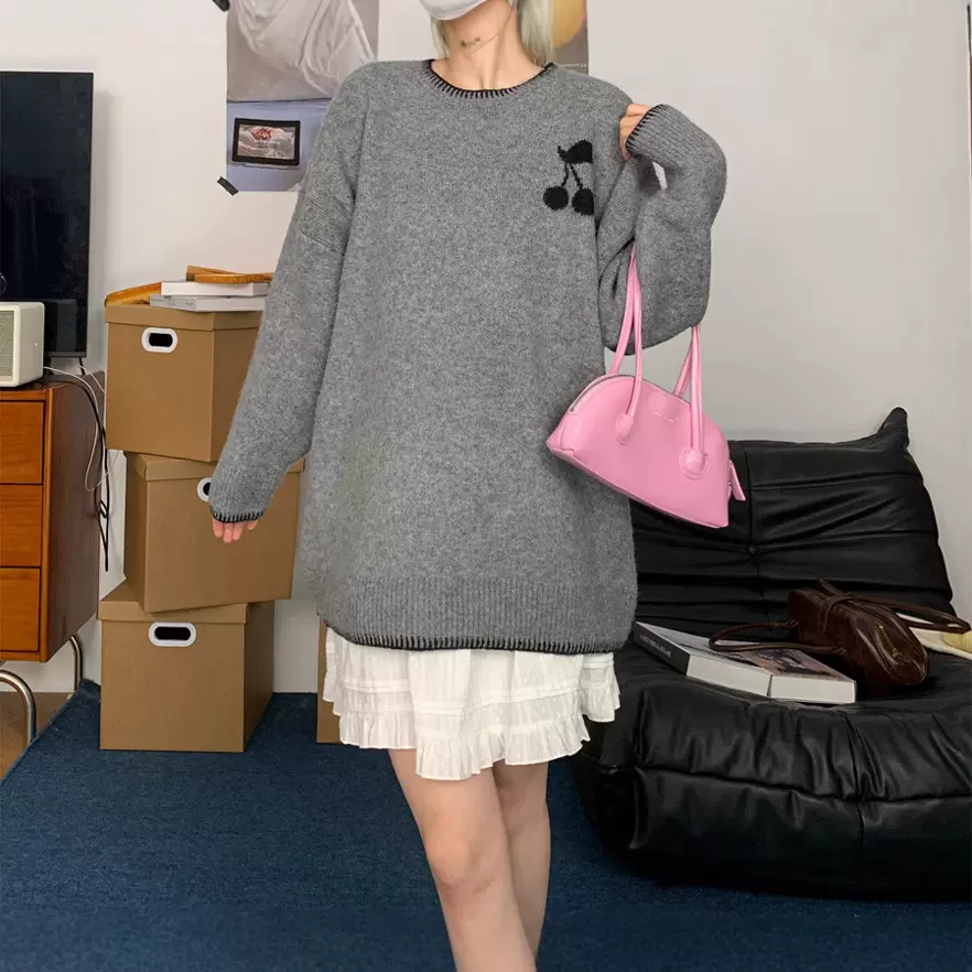韩版慵懒风樱桃提花圆领撞色毛衣女秋冬新款宽松版套头针织衫上衣