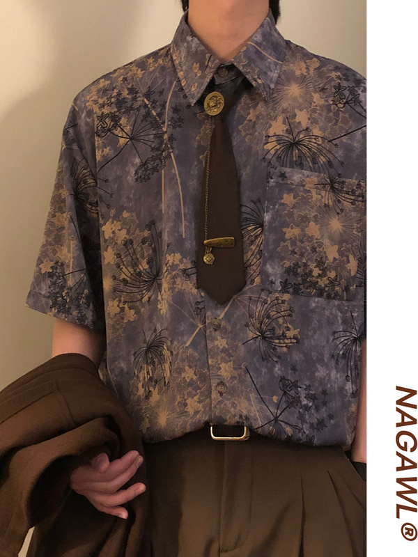 Summer Japanese Retro Loose Chinese Style New Chinese Shirt for Men and Women Dandelion Print Short-Sleeve Shirt Top Trendy