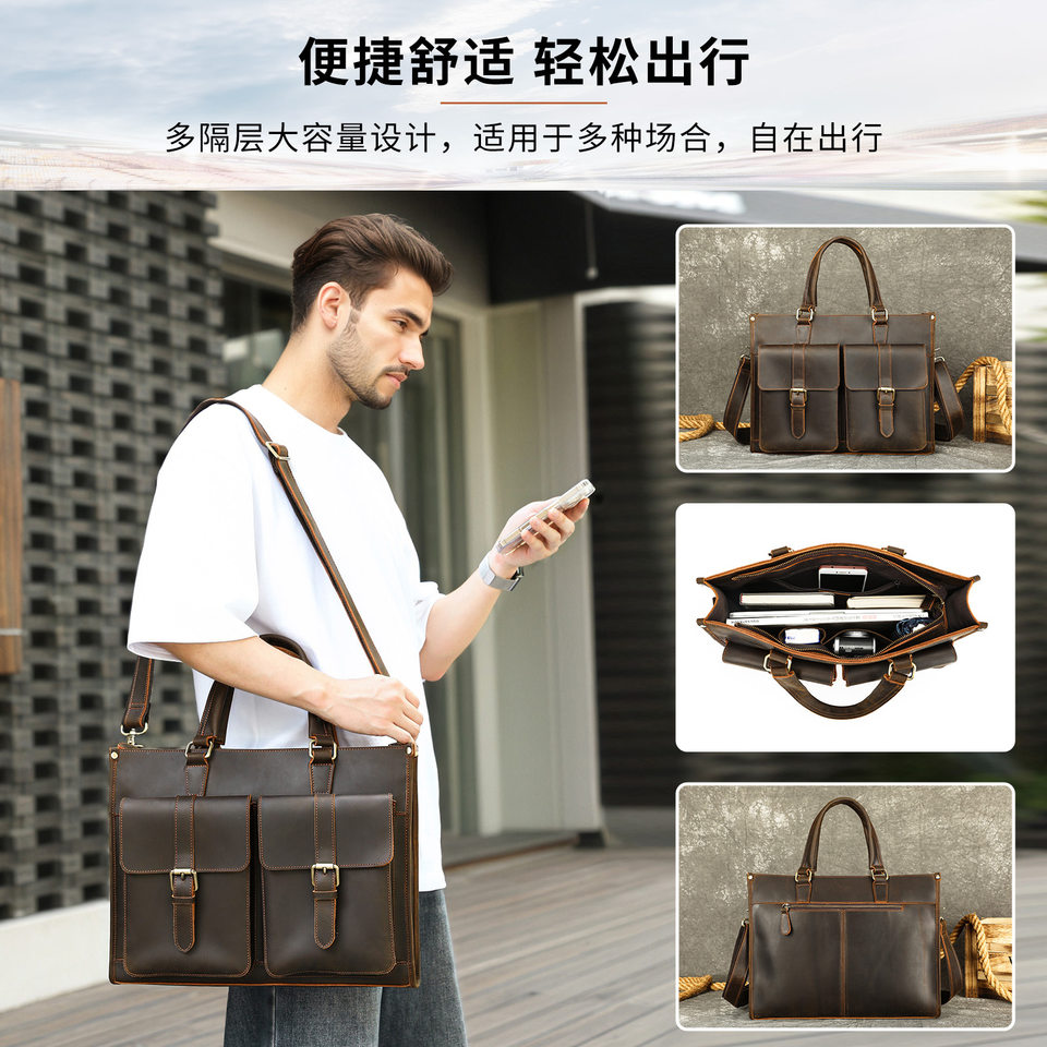 Túi xách tay nam da bò thật 39×7,5×30 cm đựng laptop 14 inch, cặp công sở đeo chéo tháo rời — Màu cà phê, Màu nâu đậm, màu đen