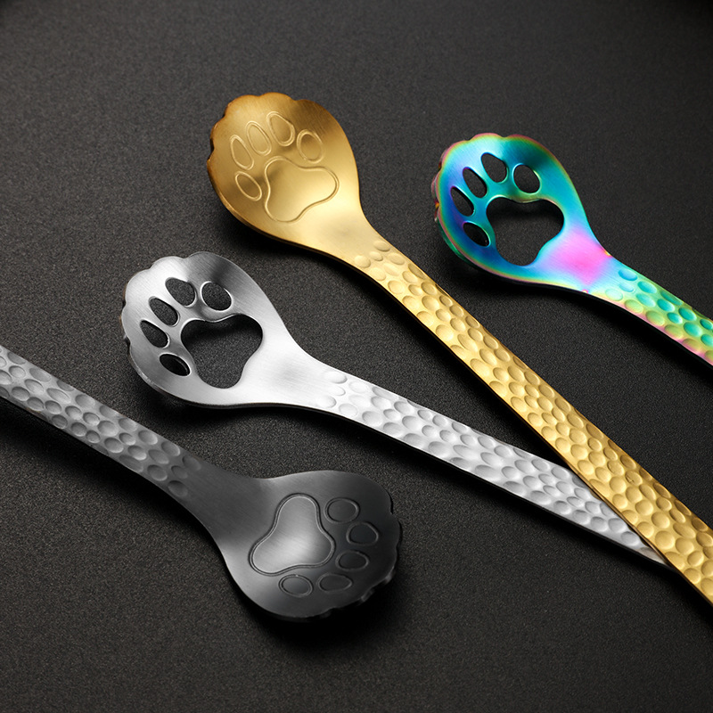 Cuchara de garra de gato de acero inoxidable 304 Cuchara de hielo de mango largo Taza de mezcla de miel Cuchara de postre de café de helado al por mayor