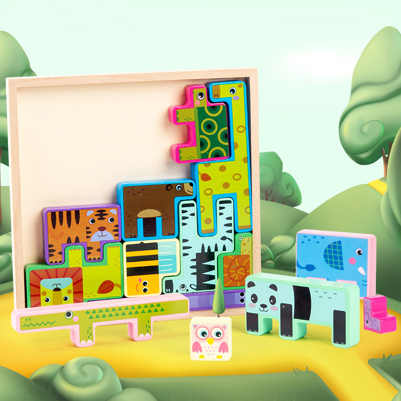 woodiness originality three-dimensional animal Building blocks Tetris children shape Pair Jigsaw puzzle Early education Puzzle Toys
