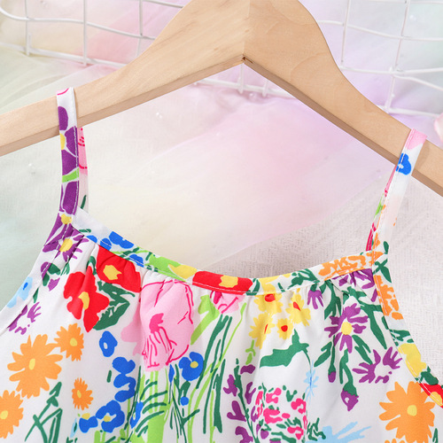 Girls summer new dress children's floral skirt baby girl ethnic style contrast flower skirt suspender skirt