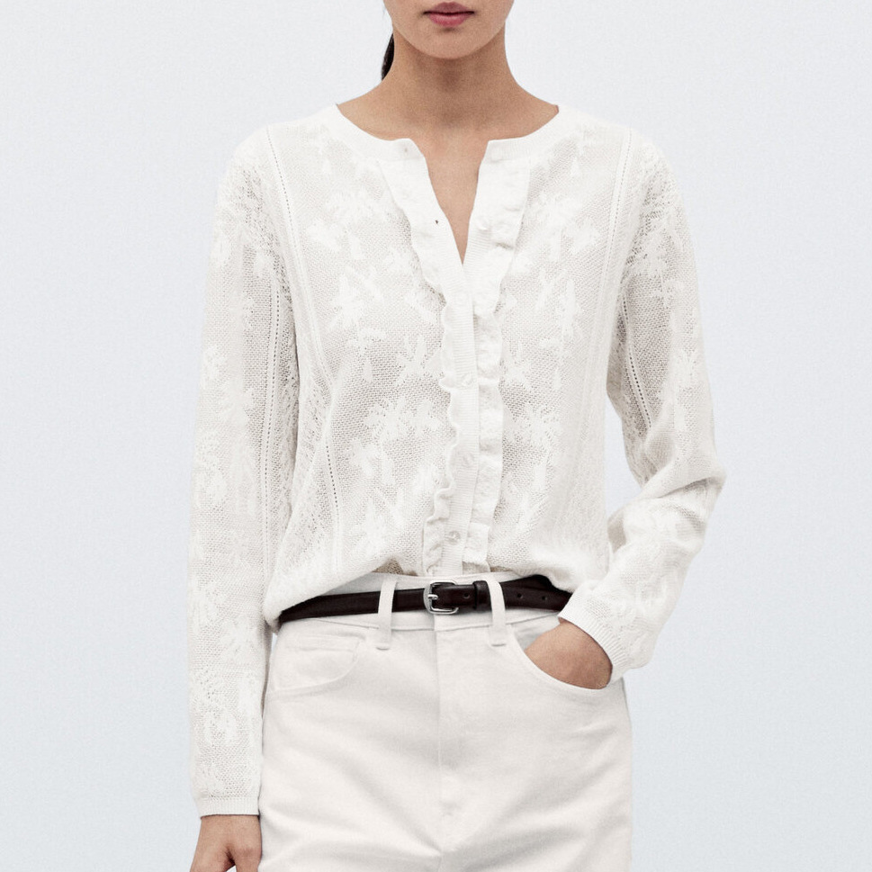 2025秋季新款MD女装法式浪漫白色精致亚麻蕾丝圆领短袖针织开襟衫