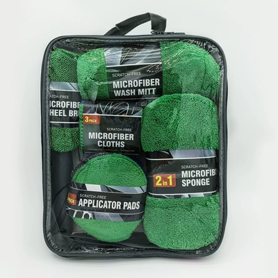 Car Cleaning Gloves, Car Beauty Towel, Rag, Waxing Sponge, Wheel Brush, 9-Piece Car Wash Tool Cleaning Set (Car cleaning tools) - green-oxford-cloth-version-28336cm