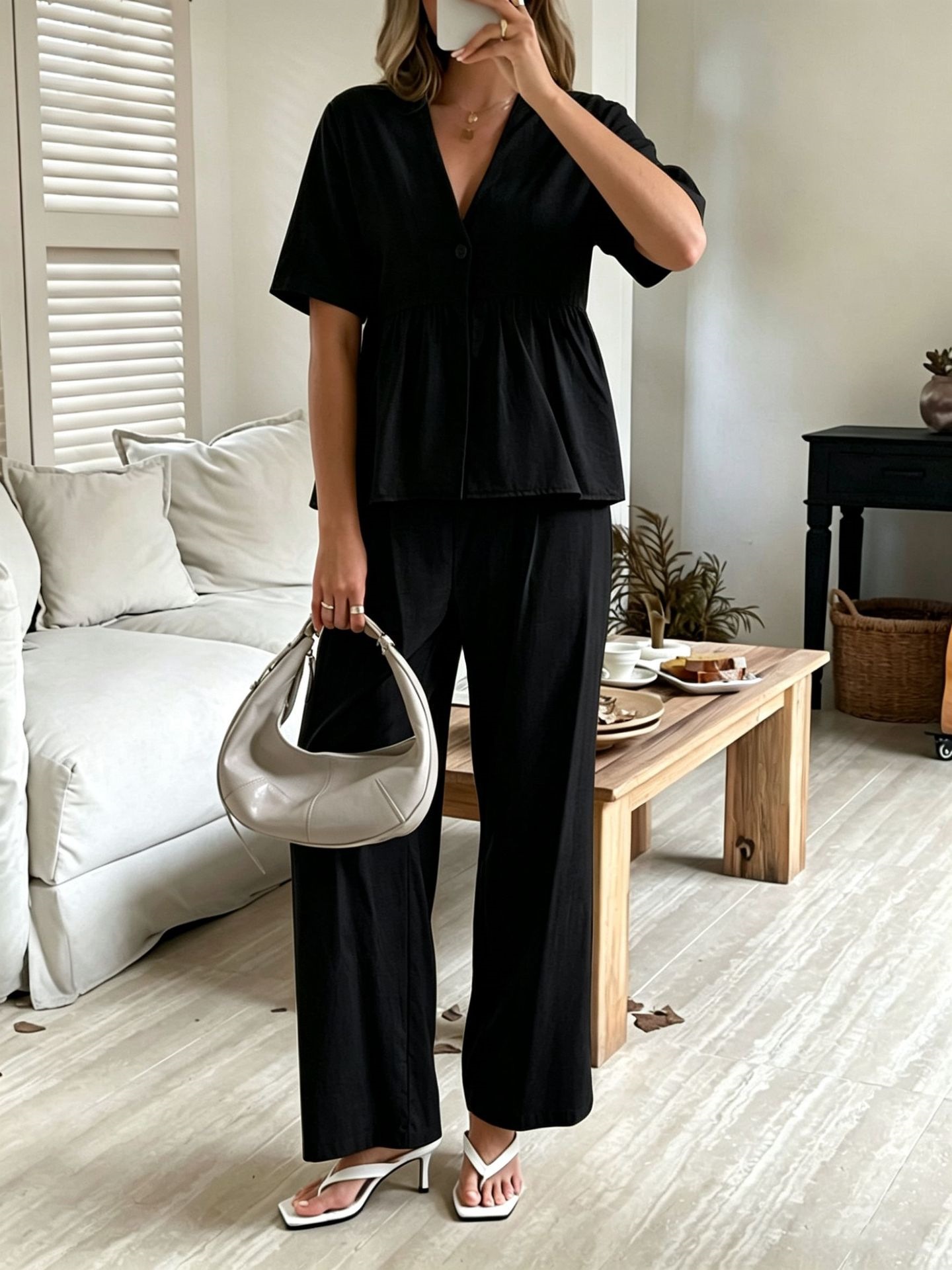 Women's Clothing Fashion Elegant Two Piece Set V Neck Loose Short Sleeved Top And Wide Leg Pants For Formal & Casual For Women_ecoleips.com