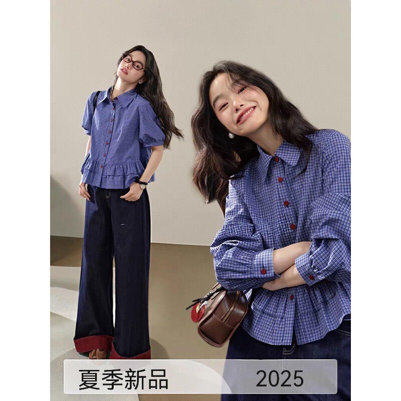 ワイドなブルーのチェック柄シャツ レディース 25 夏の新作 ミュウ系コーデ フリル付き半袖シャツ トップス ショート丈|undefined