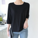 棉黑色低领打底衫女春秋内搭修身长袖面膜T恤U领上衣中袖简约加肥