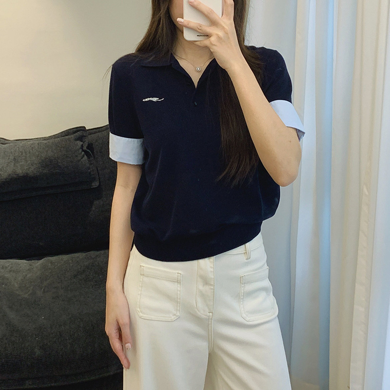 2026 Summer New Style Polo Lapel Commuter Style Contrasting Color Detachable Cuffs Short-Sleeved Knitwear Top for Women Mbf2Swt036 2026 Summer New Style Polo Lapel Commuter Style Contrasting Color Detachable Cuffs Short-Sleeved Knitwear Top for Women Mbf2Swt036