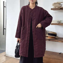 复古做旧亚麻夹棉中长款外套女2025冬新款宽松大码长袖保暖棉衣