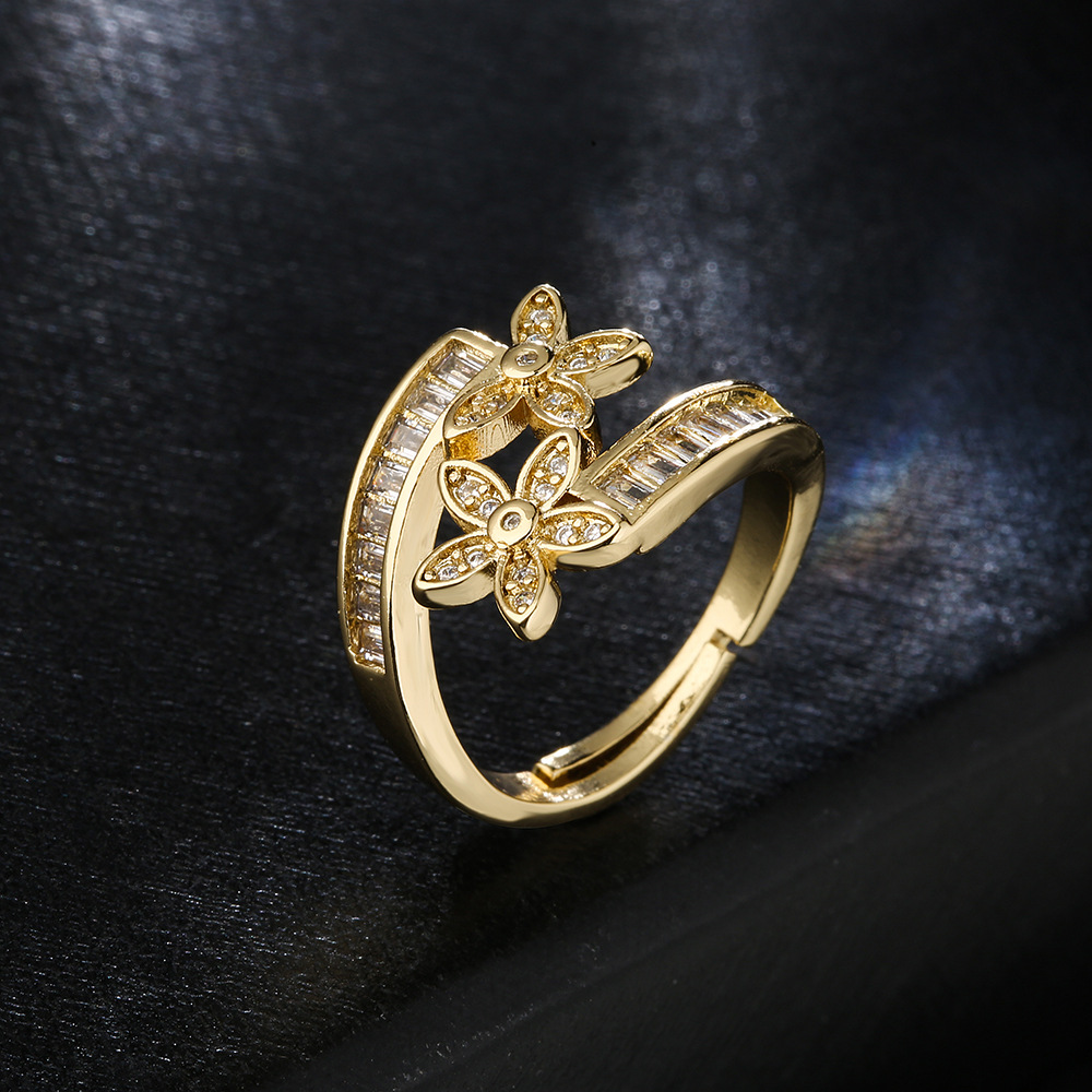 fashion T cubic zirconia flower geometric open copper ring female