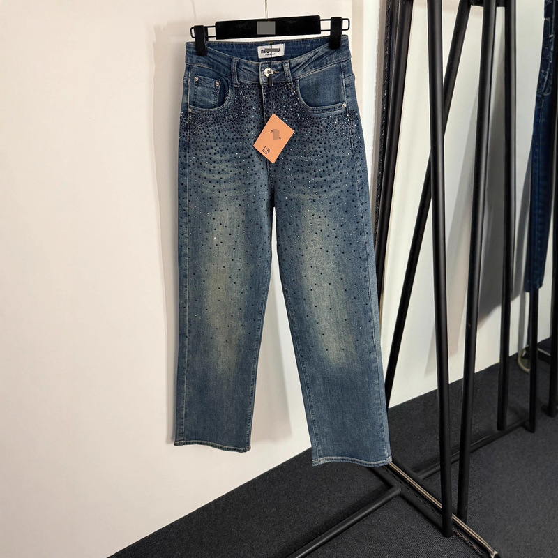 2025 Autumn/Winter Nanyou High-End Women's Black and White Two-Tone Rhinestone Fringe Logo Back Pocket Slimming Versatile Denim Pants