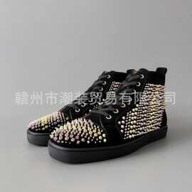 cl andgz男鞋黑色豹纹铆钉高帮系带红底鞋情侣款女鞋休闲运动板鞋