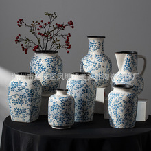 青花瓷冰裂纹花瓶陶瓷复古做旧水培大花器新中式客厅插花装饰摆件