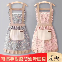 新款可擦手围裙背带围裙家用厨房耐脏防污防油女公主裙做饭围腰
