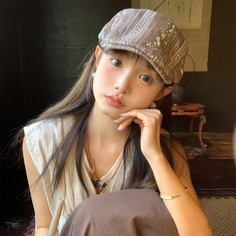 复古名族风蕾丝报童帽子女日系文艺新款大头显脸小百搭画家贝雷帽|undefined
