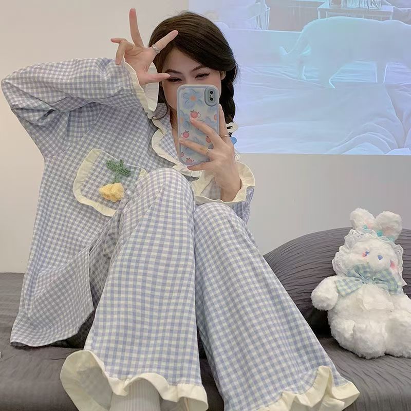インス風甘いチェック柄笑顔小花パジャマ女性用春秋新作シンプルウェアラブル長袖日本製ホーム服|undefined