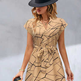 跨境亚马逊欧美女装夏新款时尚休闲印花V领连衣裙