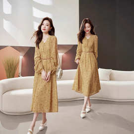 实拍去有风的地方刘亦菲同款碎花连衣裙女夏新款长袖印花V领裙子