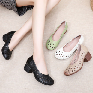Genuine Leather Retro Round Toe Mother Shoes Spring and Summer New Hollow Women's Shoes Comfortable Square Heel Middle-aged Leather Shoes Embroidered Hole Shoes